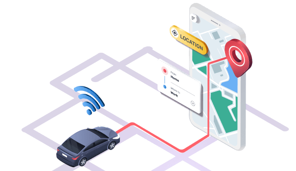 Uber Clone App demo booking illustration with yellow taxi and location pin on map