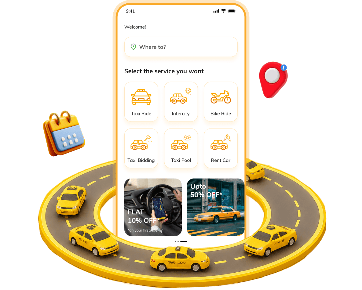 Uber Clone App rider interface on smartphone showing ride booking with yellow taxis and location pins